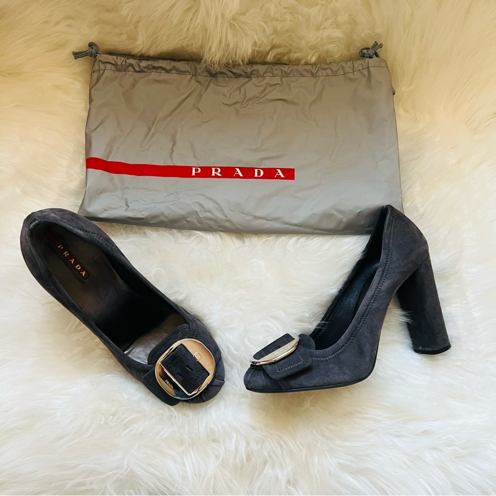 PRADA Logo Buckle Block Heel Suede Leather Pumps
